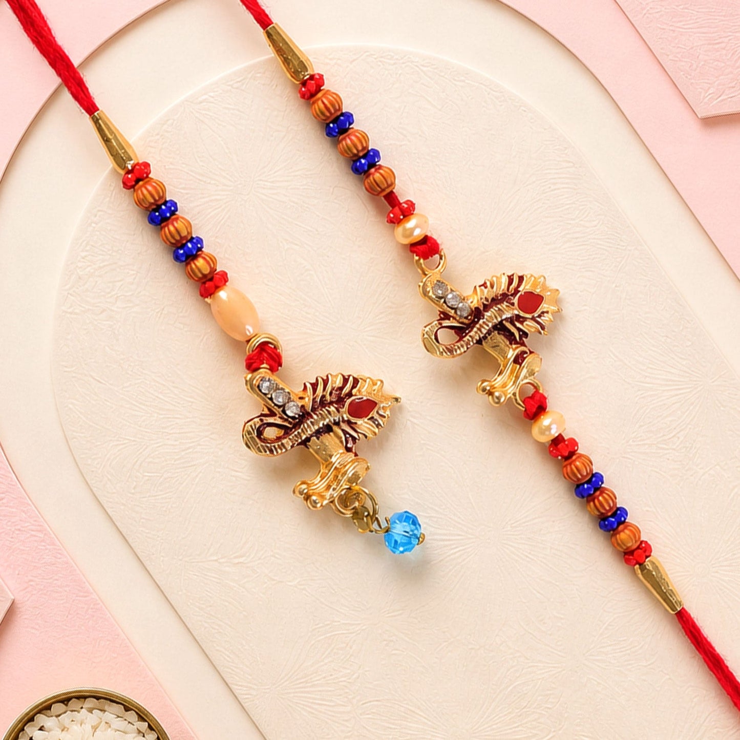 Premium Golden Peacock Feather Pearl Crystal Beads Bhai bhabhi Rakhi Set