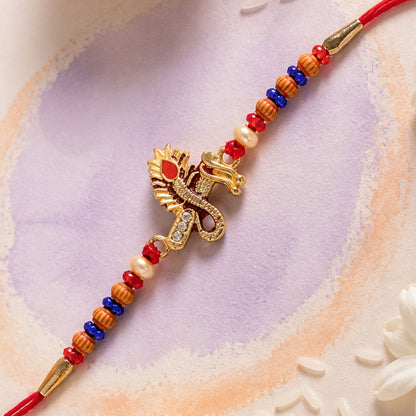 Premium Golden Peacock Feather Pearl Crystal Beads Bhai bhabhi Rakhi Set