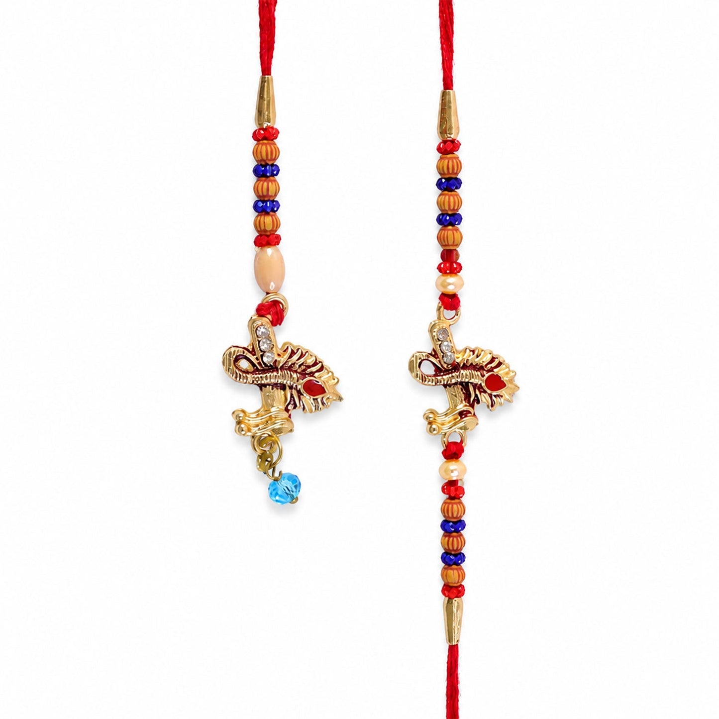 Premium Golden Peacock Feather Pearl Crystal Beads Bhai bhabhi Rakhi Set