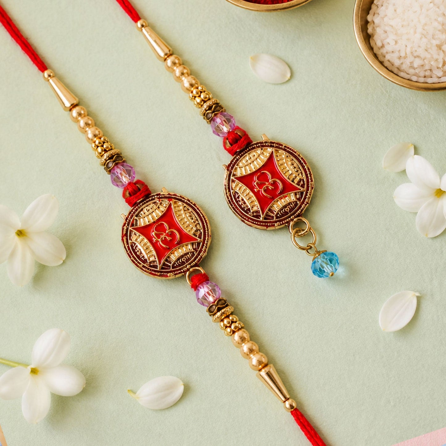 Round Om Red Enamel Golden Pearl Beads Premium Bhai Bhai Rakhi Set