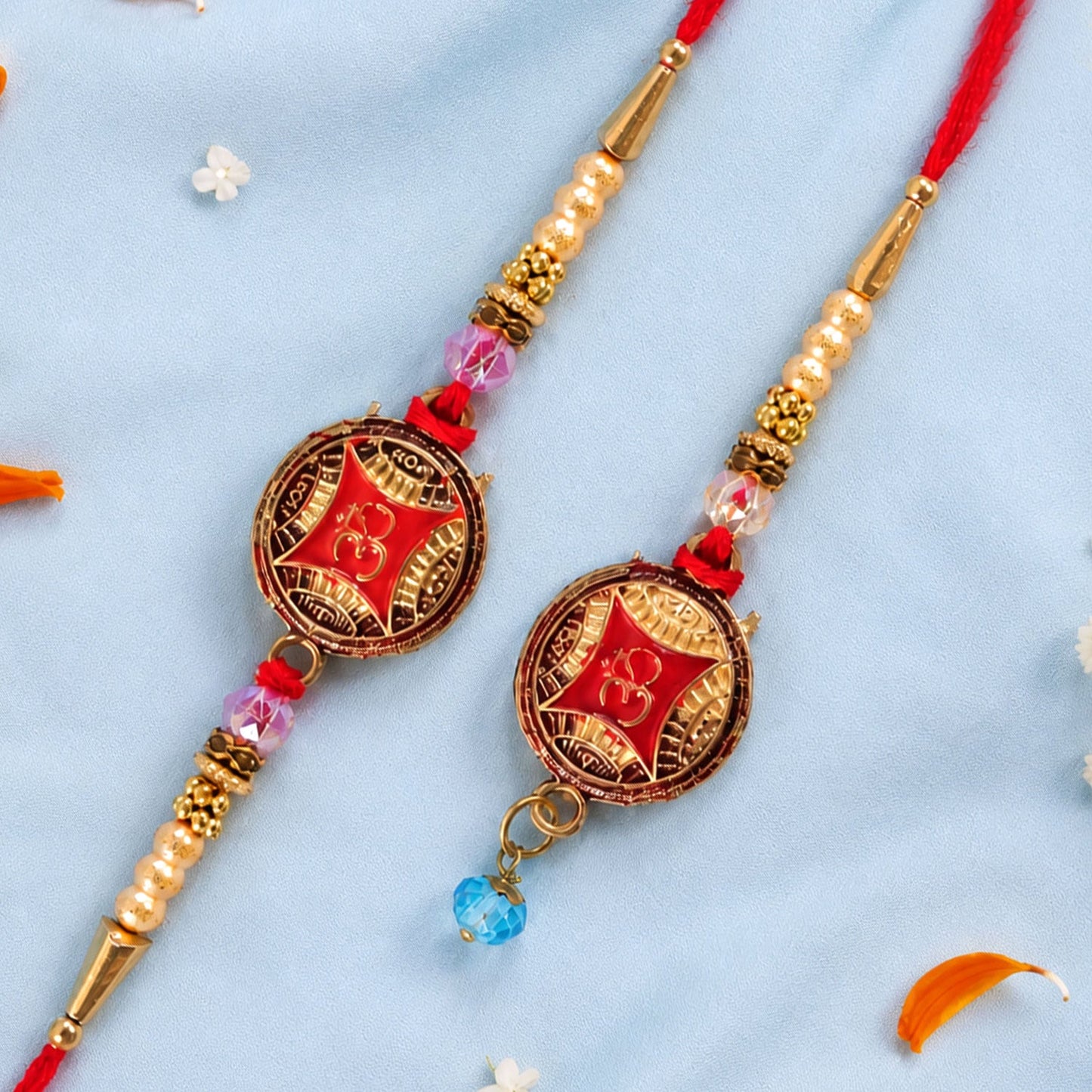 Round Om Red Enamel Golden Pearl Beads Premium Bhai Bhai Rakhi Set