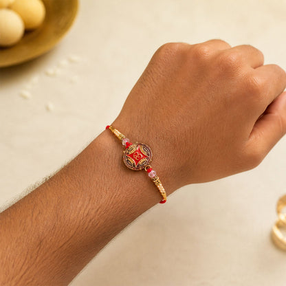 Round Om Red Enamel Golden Pearl Beads Premium Bhai Bhai Rakhi Set
