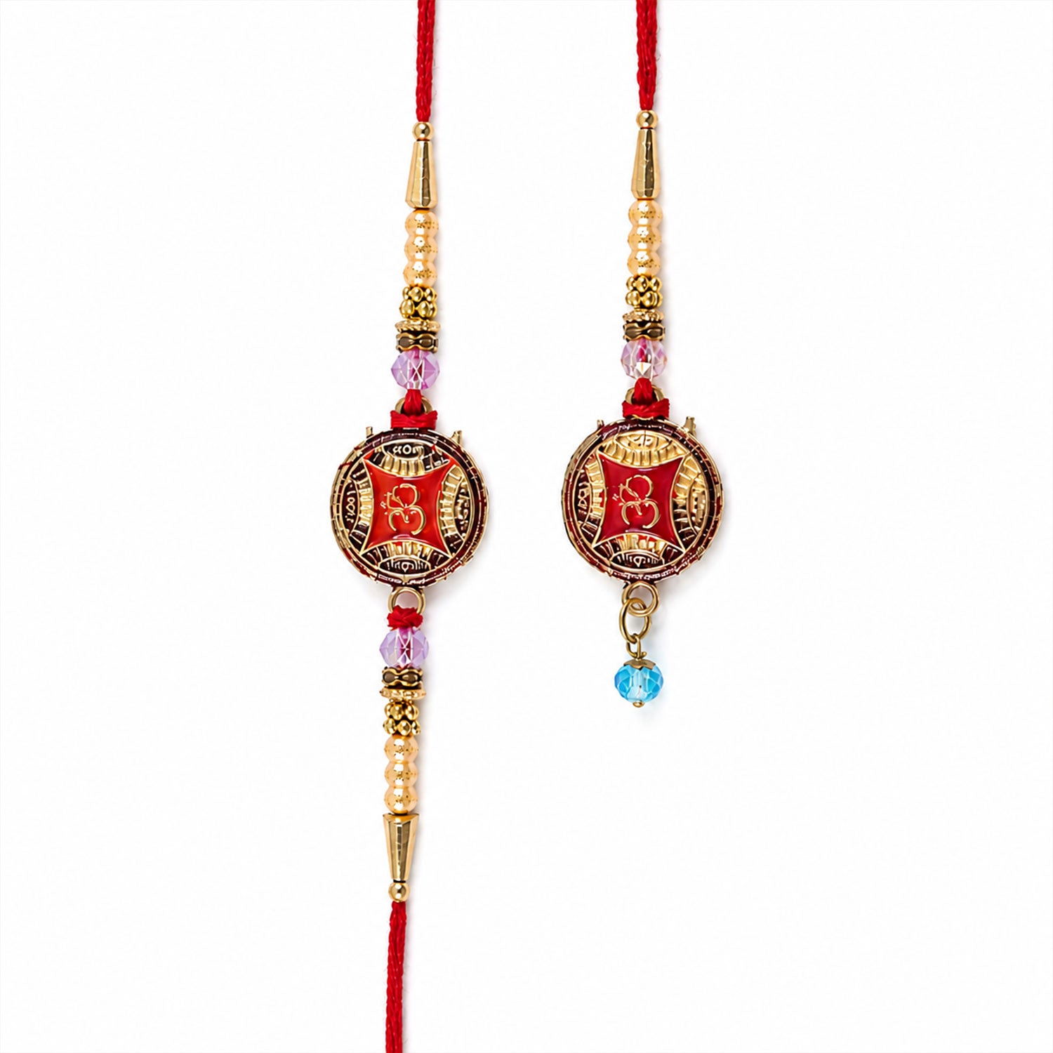 Round Om Red Enamel Golden Pearl Beads Premium Bhai Bhai Rakhi Set