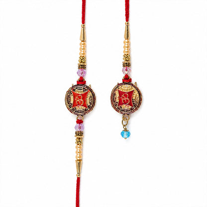 Round Om Red Enamel Golden Pearl Beads Premium Bhai Bhai Rakhi Set