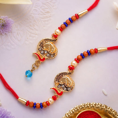 Premium Om Motif Bhai Bhabhi Lumba Rakhi with Hanging Beads