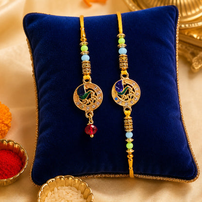 Premium Paisley Peacock Charm Bhai Bhabhi Lumba Rakhi with Pearl Drop