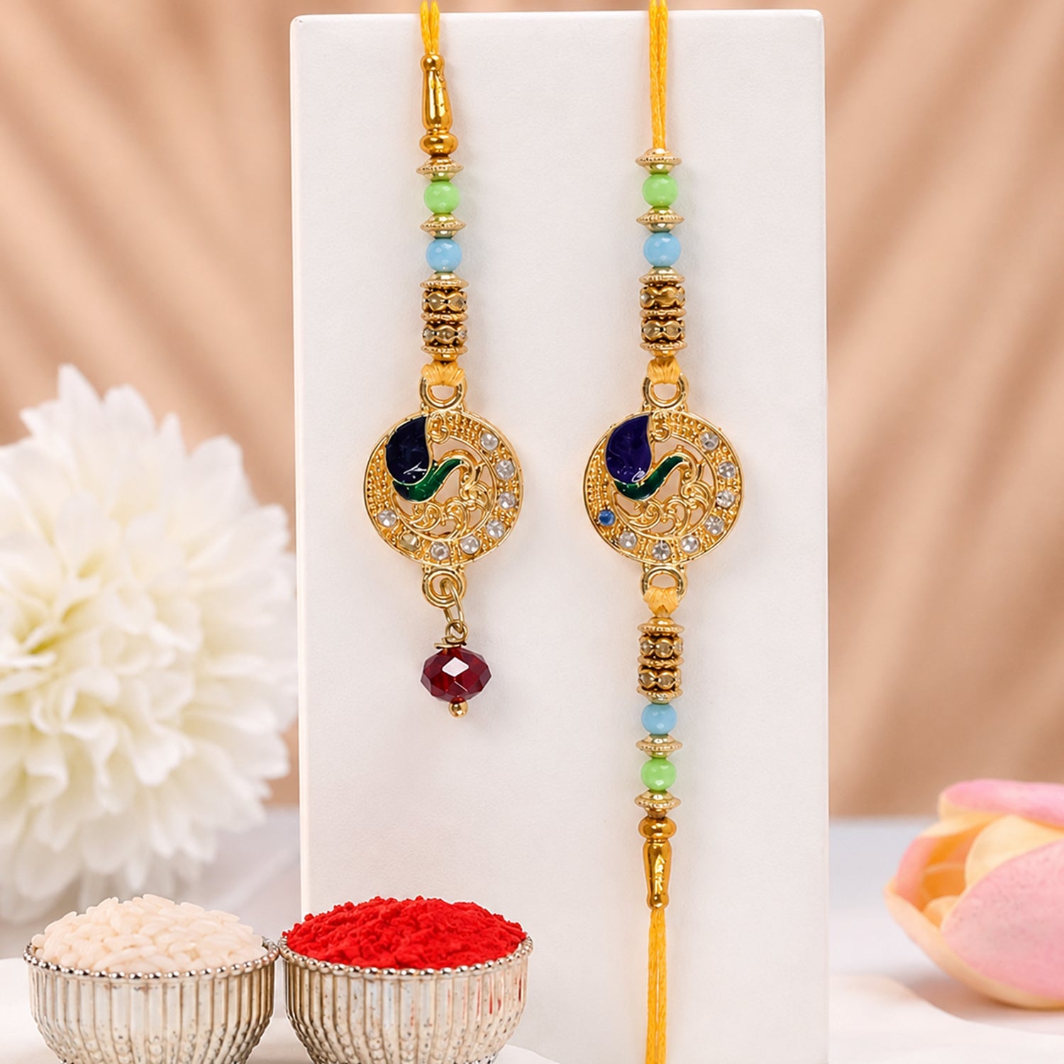 Premium Paisley Peacock Charm Bhai Bhabhi Lumba Rakhi with Pearl Drop