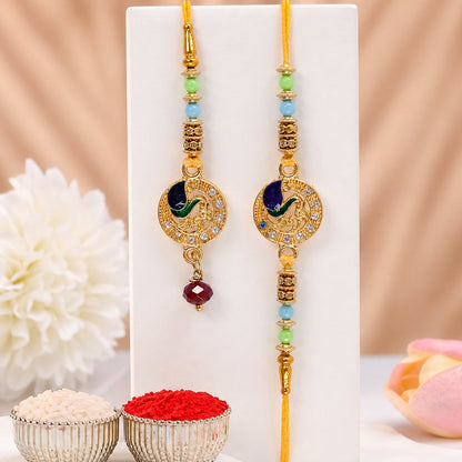 Premium Paisley Peacock Charm Bhai Bhabhi Lumba Rakhi with Pearl Drop