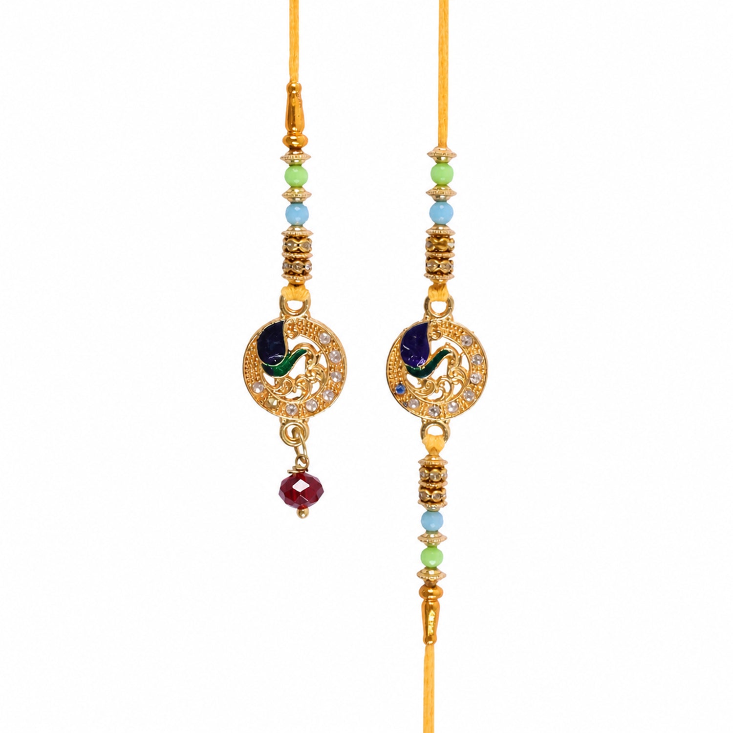 Premium Paisley Peacock Charm Bhai Bhabhi Lumba Rakhi with Pearl Drop