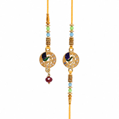 Premium Paisley Peacock Charm Bhai Bhabhi Lumba Rakhi with Pearl Drop