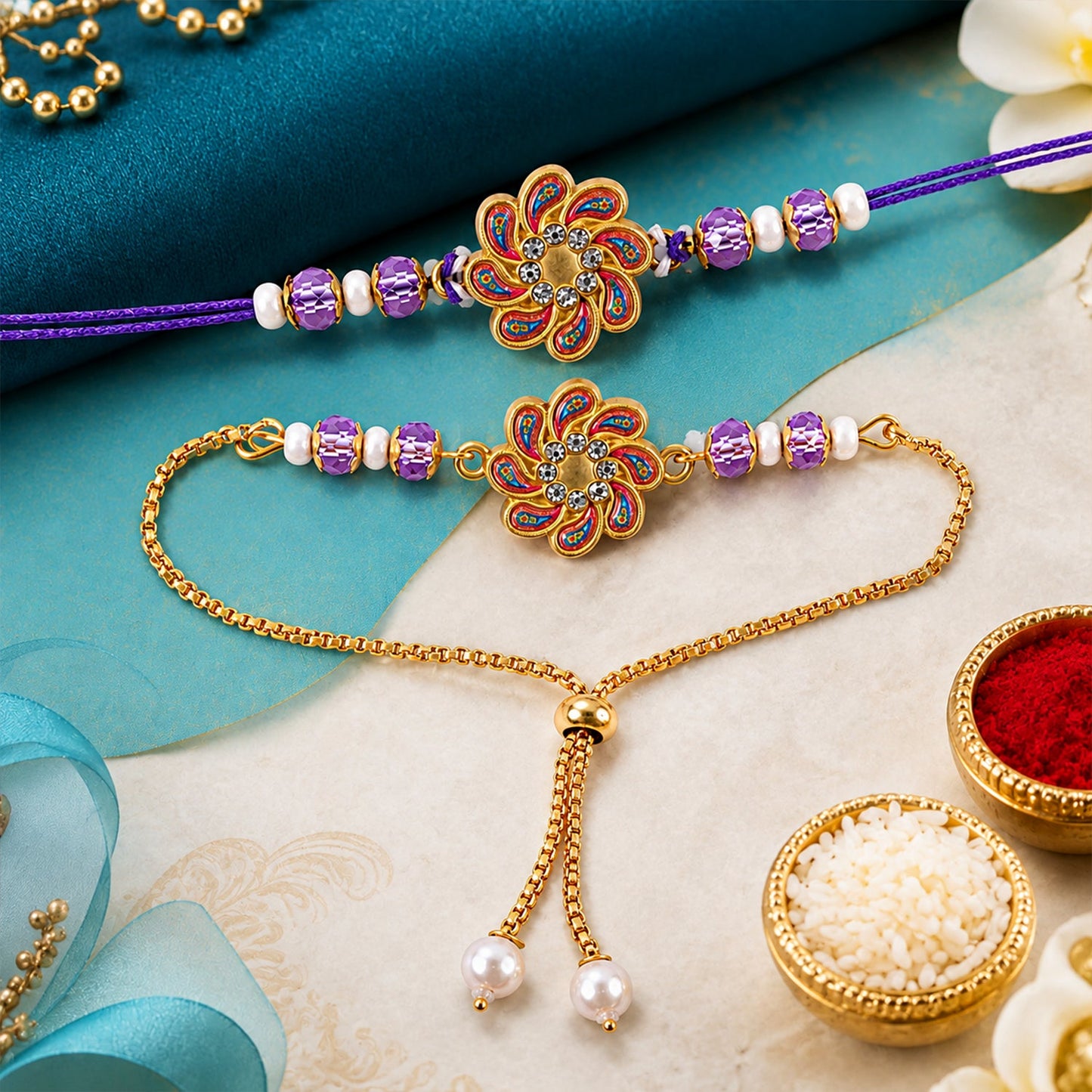 Premium Floral Cluster Bhai Bhabhi Lumba Rakhi with Bead Accent