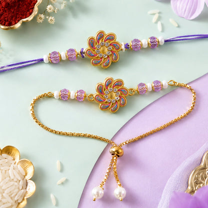 Premium Floral Cluster Bhai Bhabhi Lumba Rakhi with Bead Accent