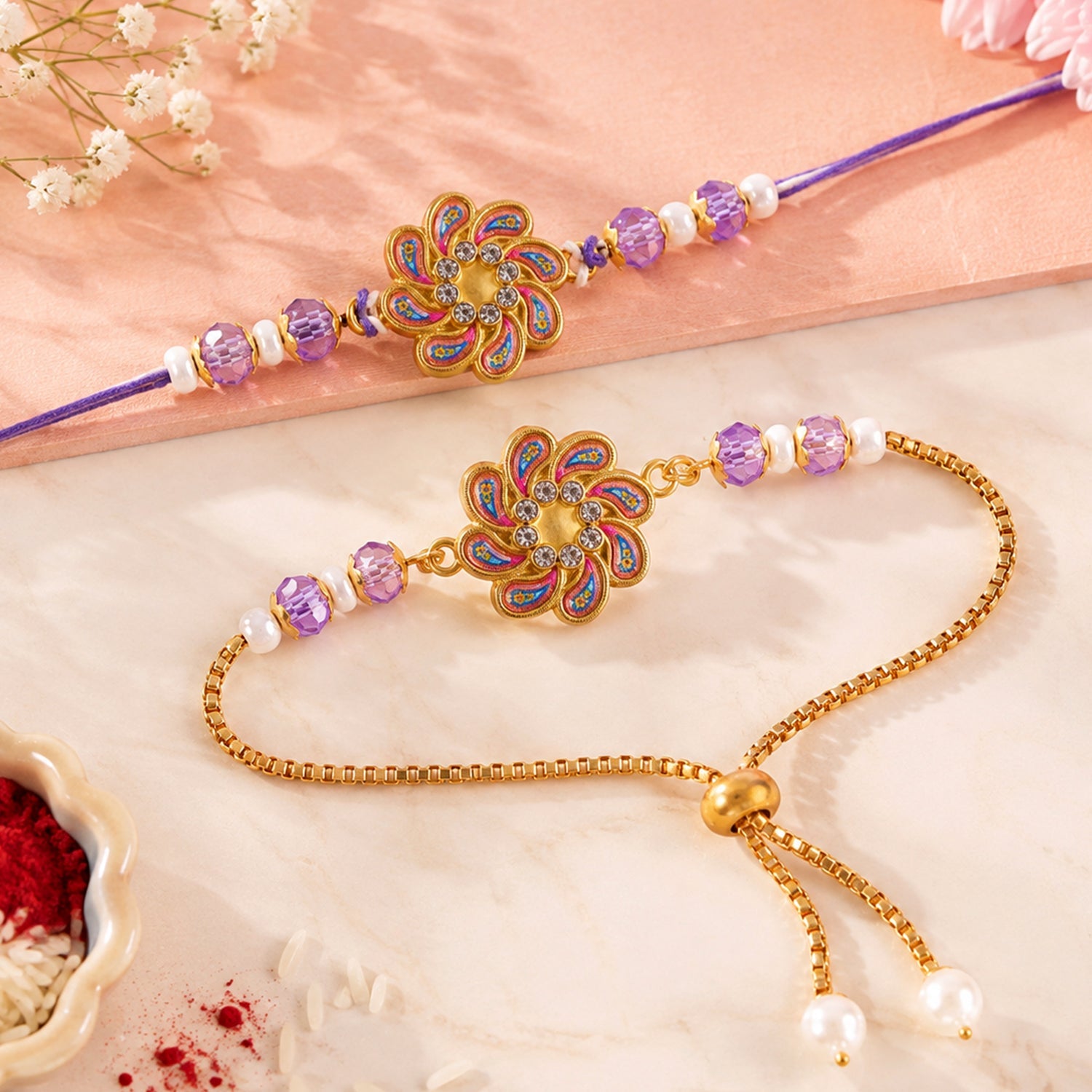 Premium Floral Cluster Bhai Bhabhi Lumba Rakhi with Bead Accent