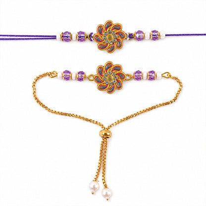 Premium Floral Cluster Bhai Bhabhi Lumba Rakhi with Bead Accent