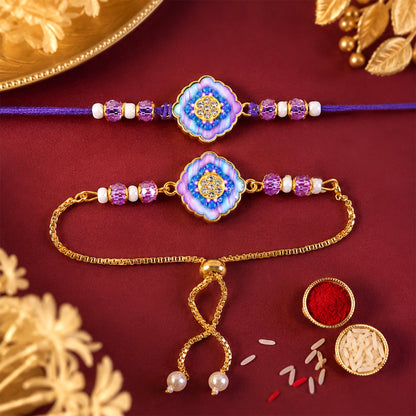 Premium Diamond Stone Bhai Bhabhi Lumba Rakhi with Pearl Drop