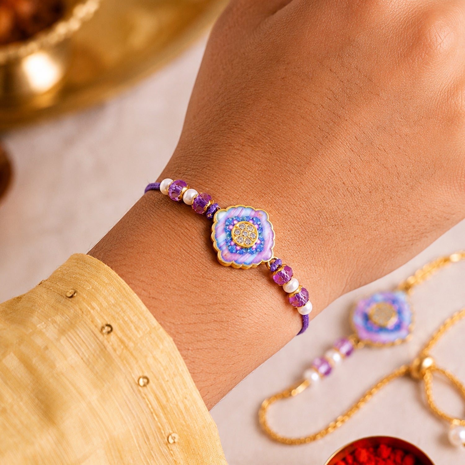 Premium Diamond Stone Bhai Bhabhi Lumba Rakhi with Pearl Drop