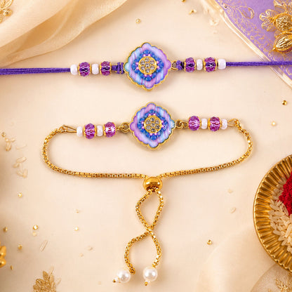 Premium Diamond Stone Bhai Bhabhi Lumba Rakhi with Pearl Drop