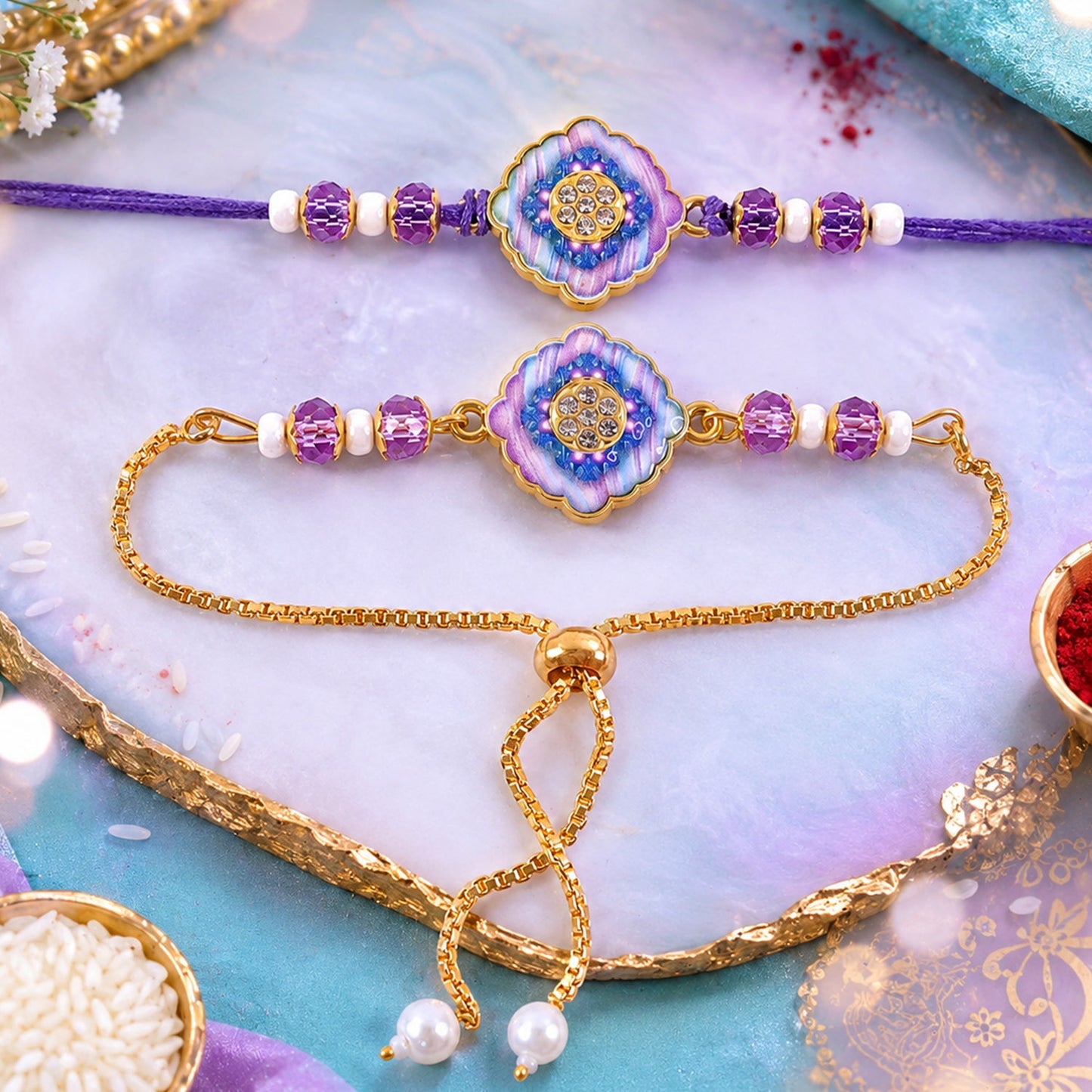 Premium Diamond Stone Bhai Bhabhi Lumba Rakhi with Pearl Drop