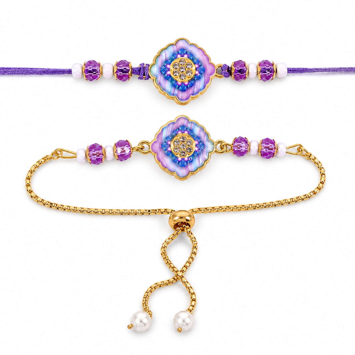 Premium Diamond Stone Bhai Bhabhi Lumba Rakhi with Pearl Drop
