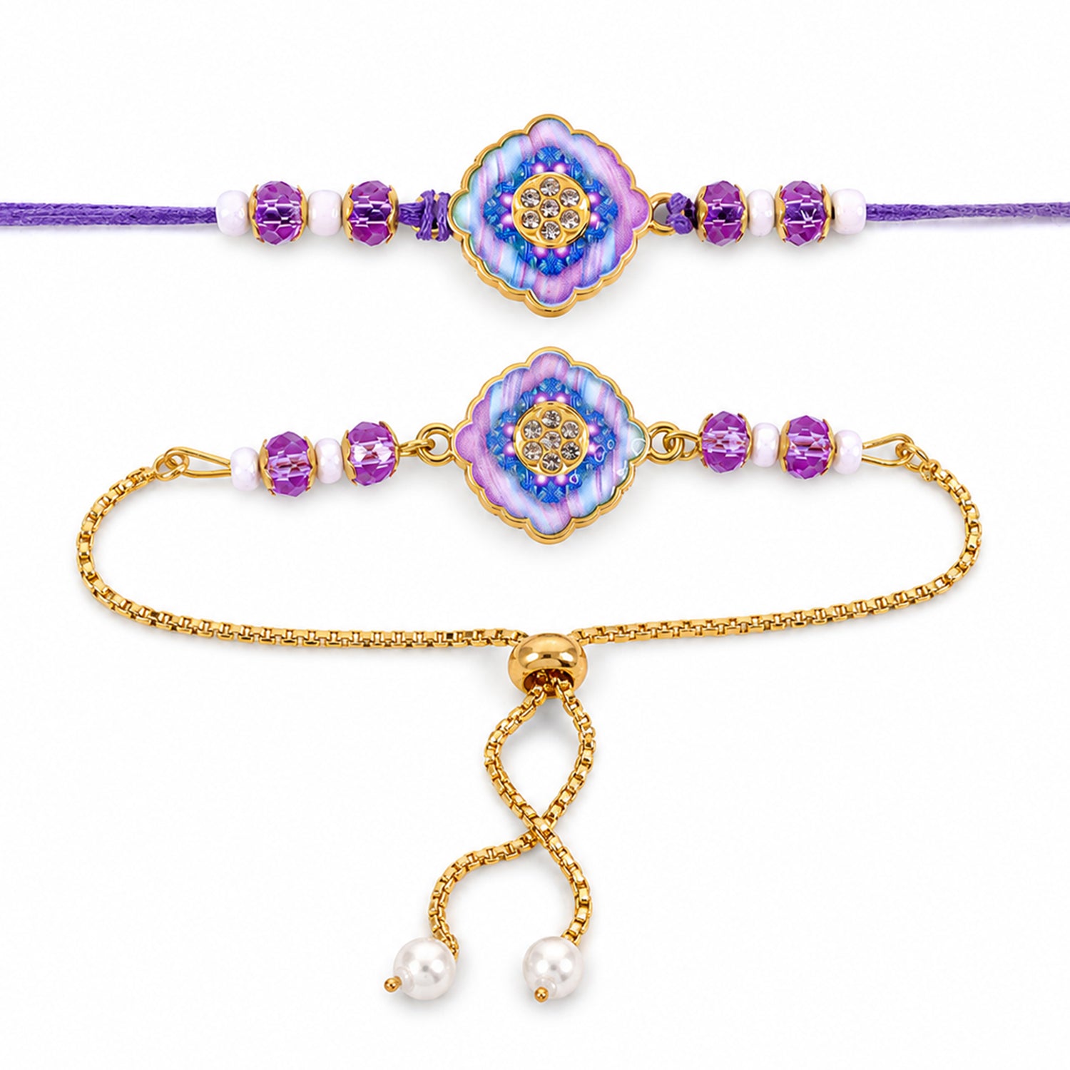 Premium Diamond Stone Bhai Bhabhi Lumba Rakhi with Pearl Drop