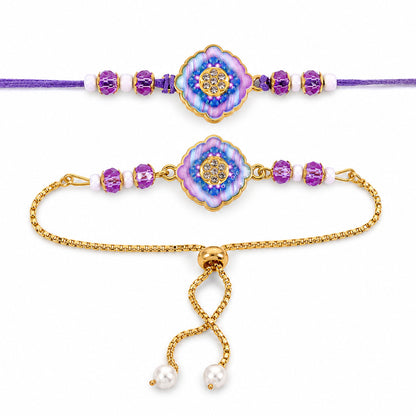 Premium Diamond Stone Bhai Bhabhi Lumba Rakhi with Pearl Drop