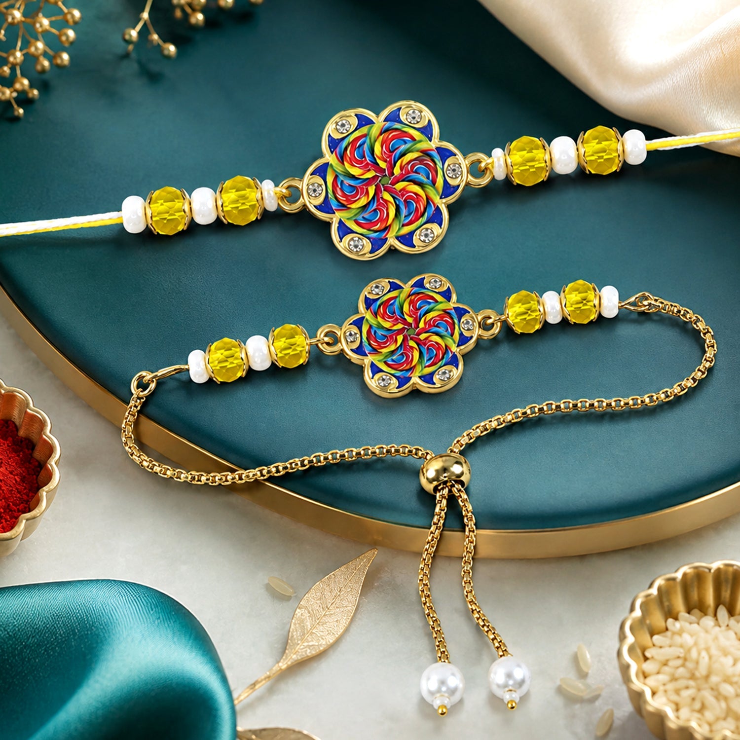 Floral Pinwheel Meenakari Crystal Beads Bhai Bhabhi Rakhi Lumba Set