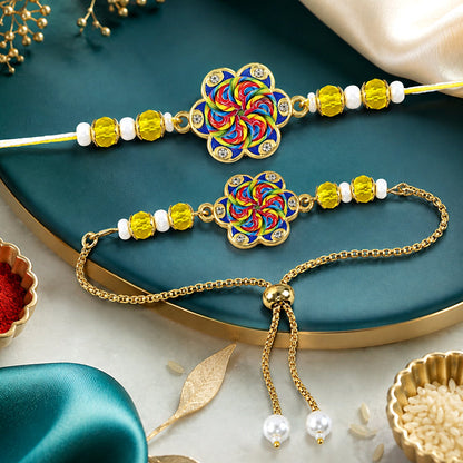 Floral Pinwheel Meenakari Crystal Beads Bhai Bhabhi Rakhi Lumba Set