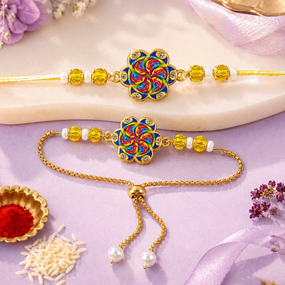 Floral Pinwheel Meenakari Crystal Beads Bhai Bhabhi Rakhi Lumba Set