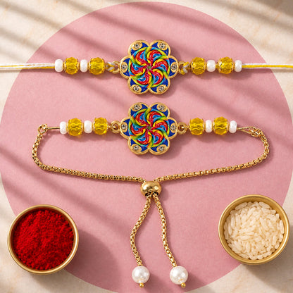 Floral Pinwheel Meenakari Crystal Beads Bhai Bhabhi Rakhi Lumba Set