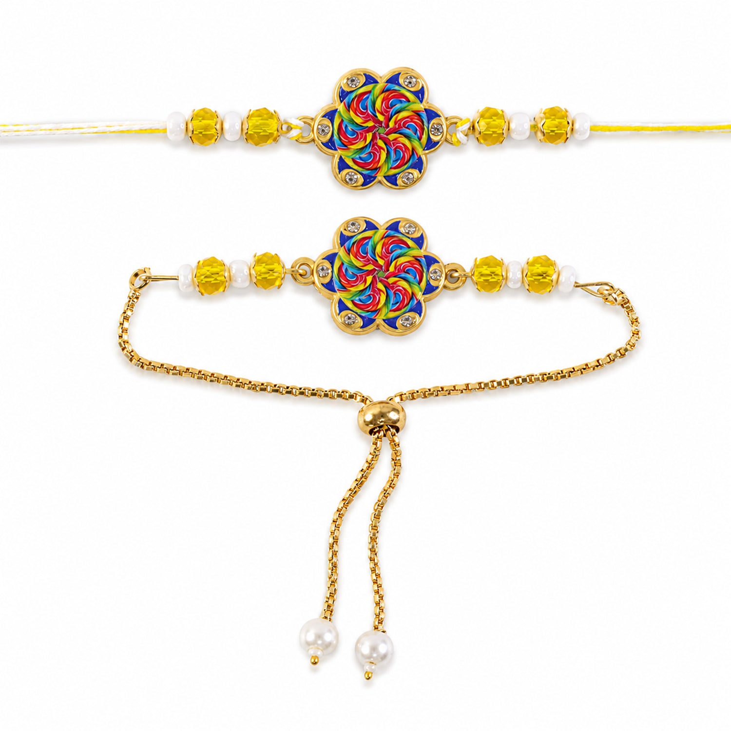 Floral Pinwheel Meenakari Crystal Beads Bhai Bhabhi Rakhi Lumba Set