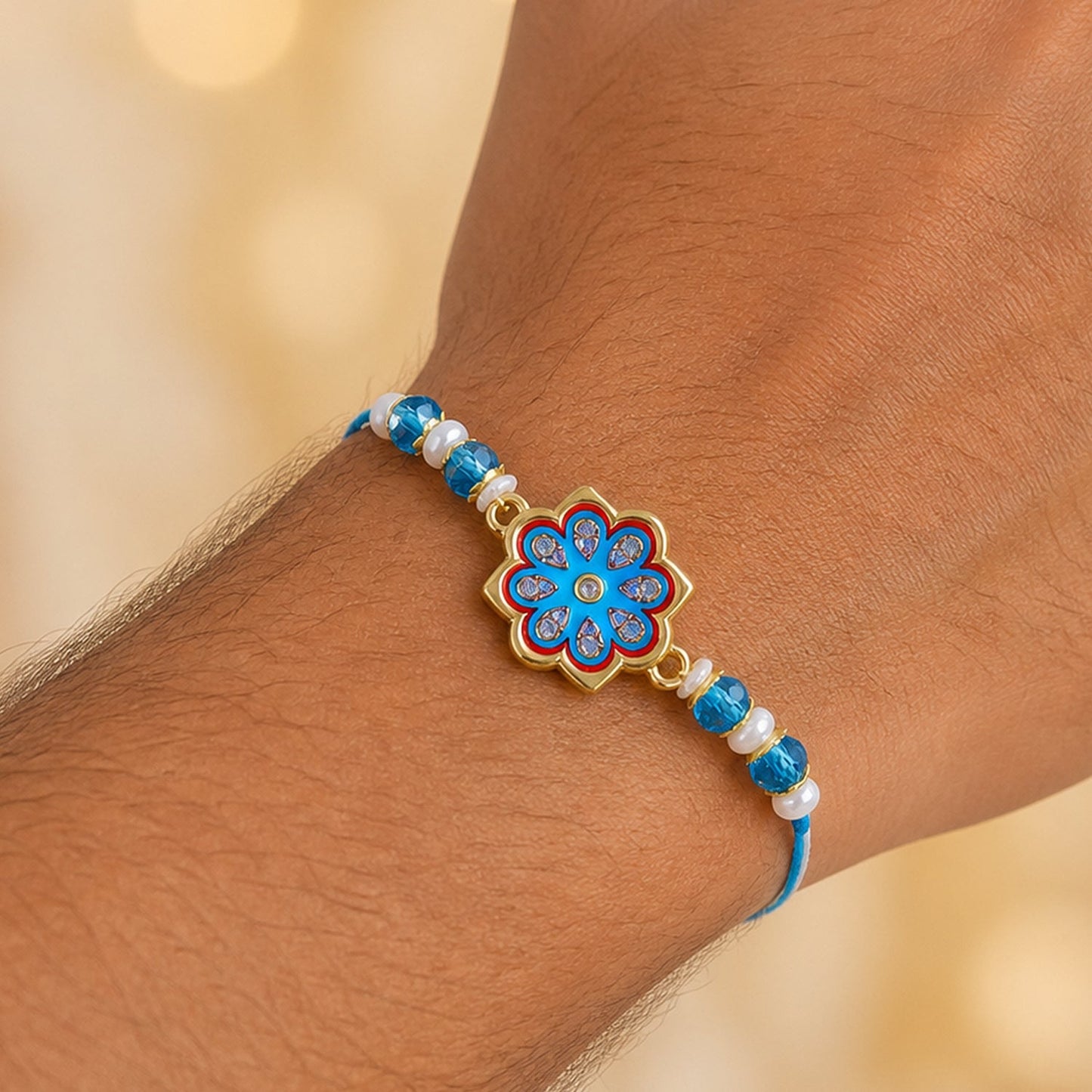 Premium Floral Chakra Bhai Bhabhi Lumba Rakhi with Beaded Detail