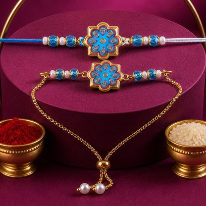 Premium Floral Chakra Bhai Bhabhi Lumba Rakhi with Beaded Detail