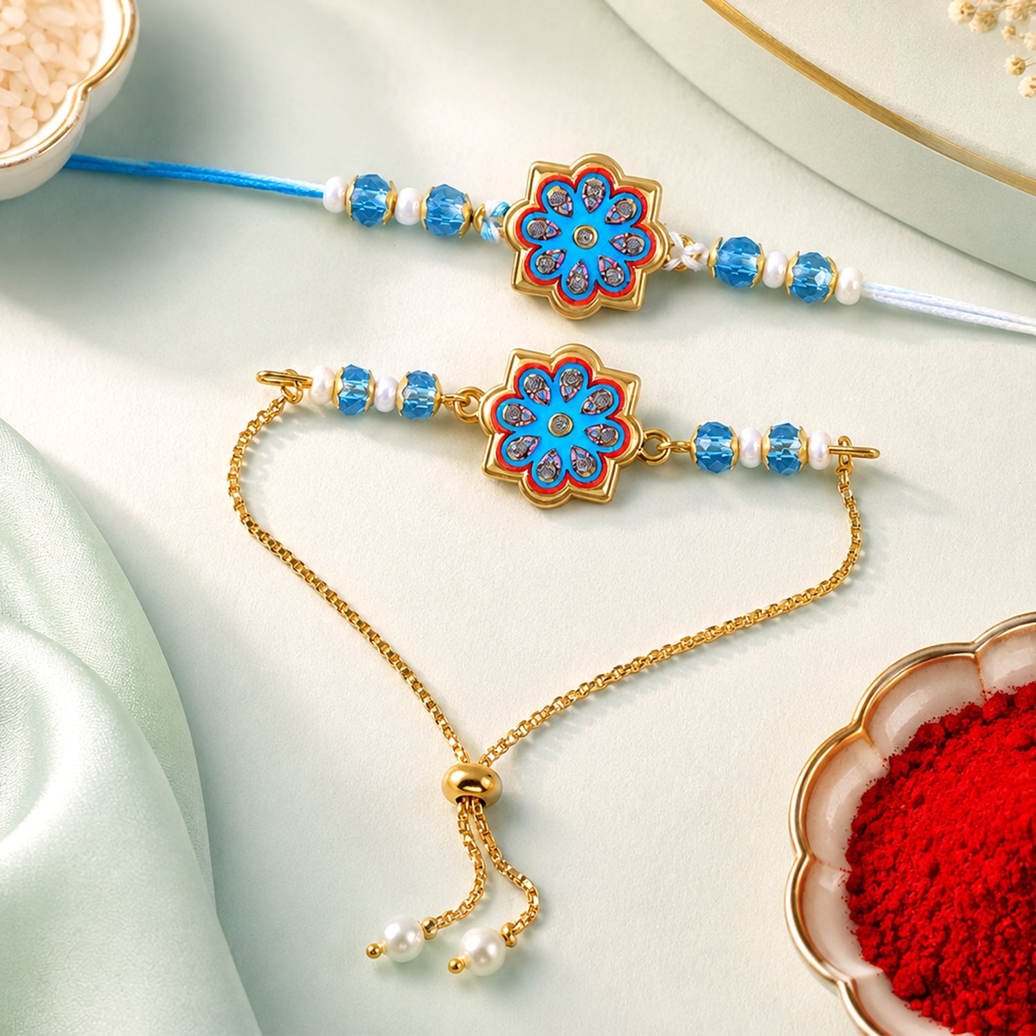 Premium Floral Chakra Bhai Bhabhi Lumba Rakhi with Beaded Detail