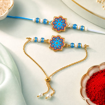 Premium Floral Chakra Bhai Bhabhi Lumba Rakhi with Beaded Detail
