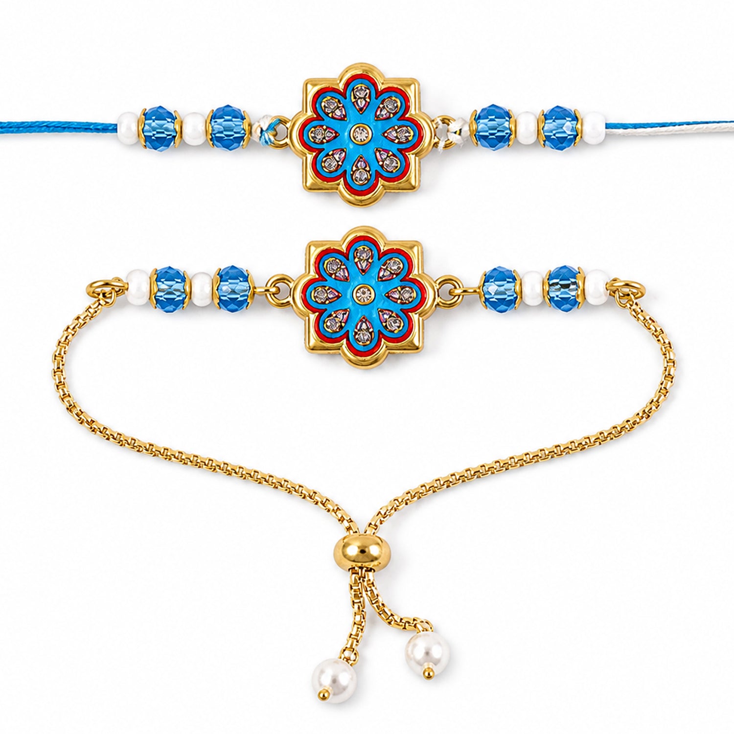 Premium Floral Chakra Bhai Bhabhi Lumba Rakhi with Beaded Detail