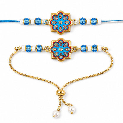 Premium Floral Chakra Bhai Bhabhi Lumba Rakhi with Beaded Detail