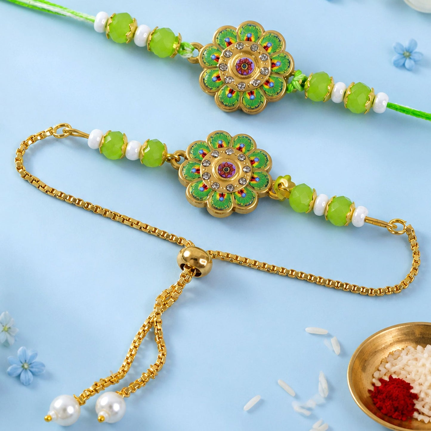Premium Round Kundan Bhai Bhabhi Lumba Rakhi with Pearl Detail