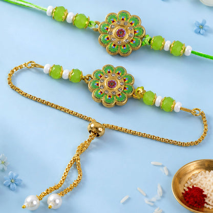 Premium Round Kundan Bhai Bhabhi Lumba Rakhi with Pearl Detail