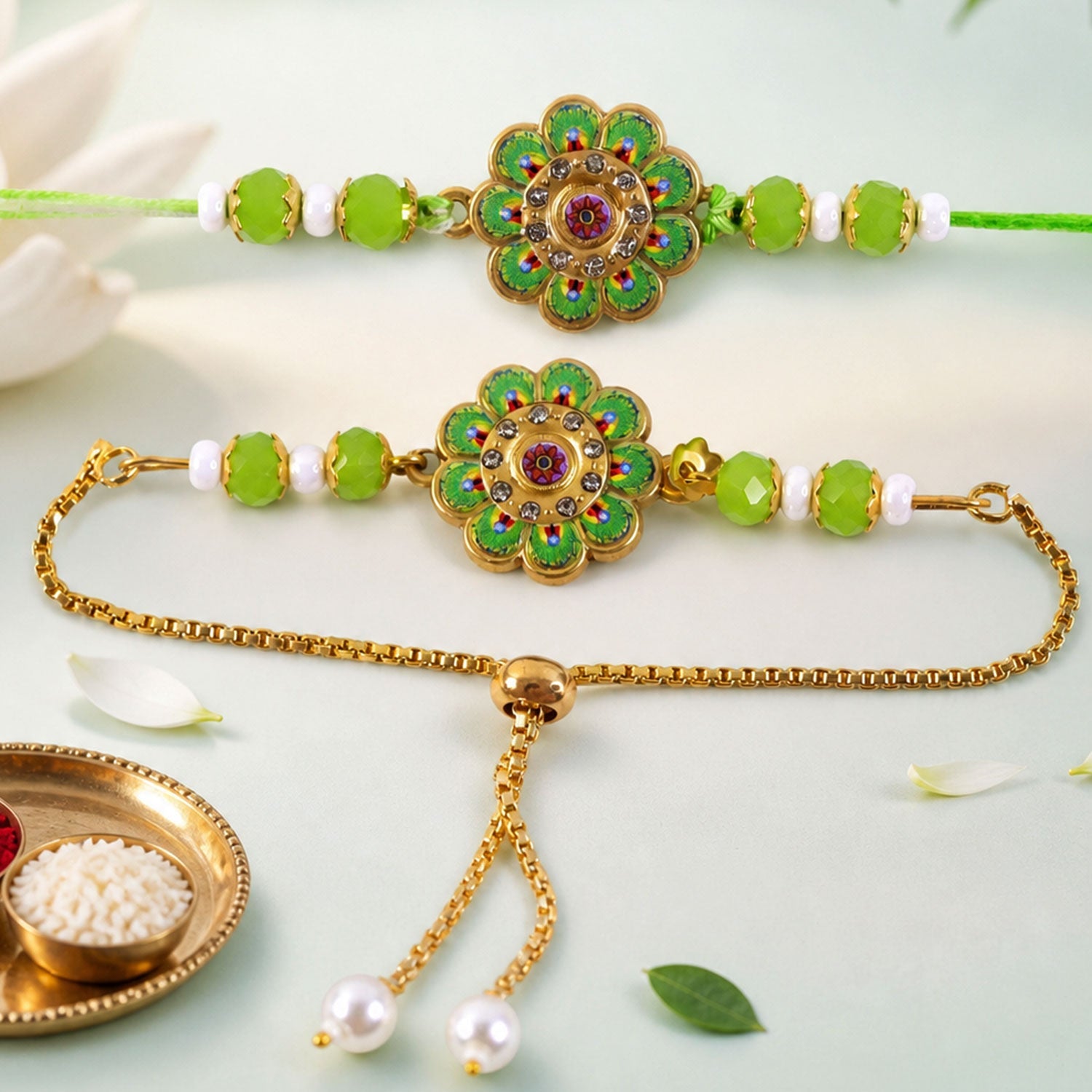 Premium Round Kundan Bhai Bhabhi Lumba Rakhi with Pearl Detail