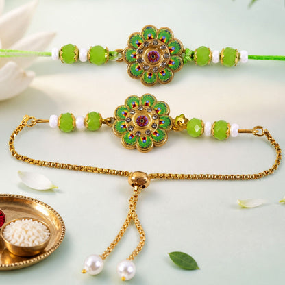 Premium Round Kundan Bhai Bhabhi Lumba Rakhi with Pearl Detail
