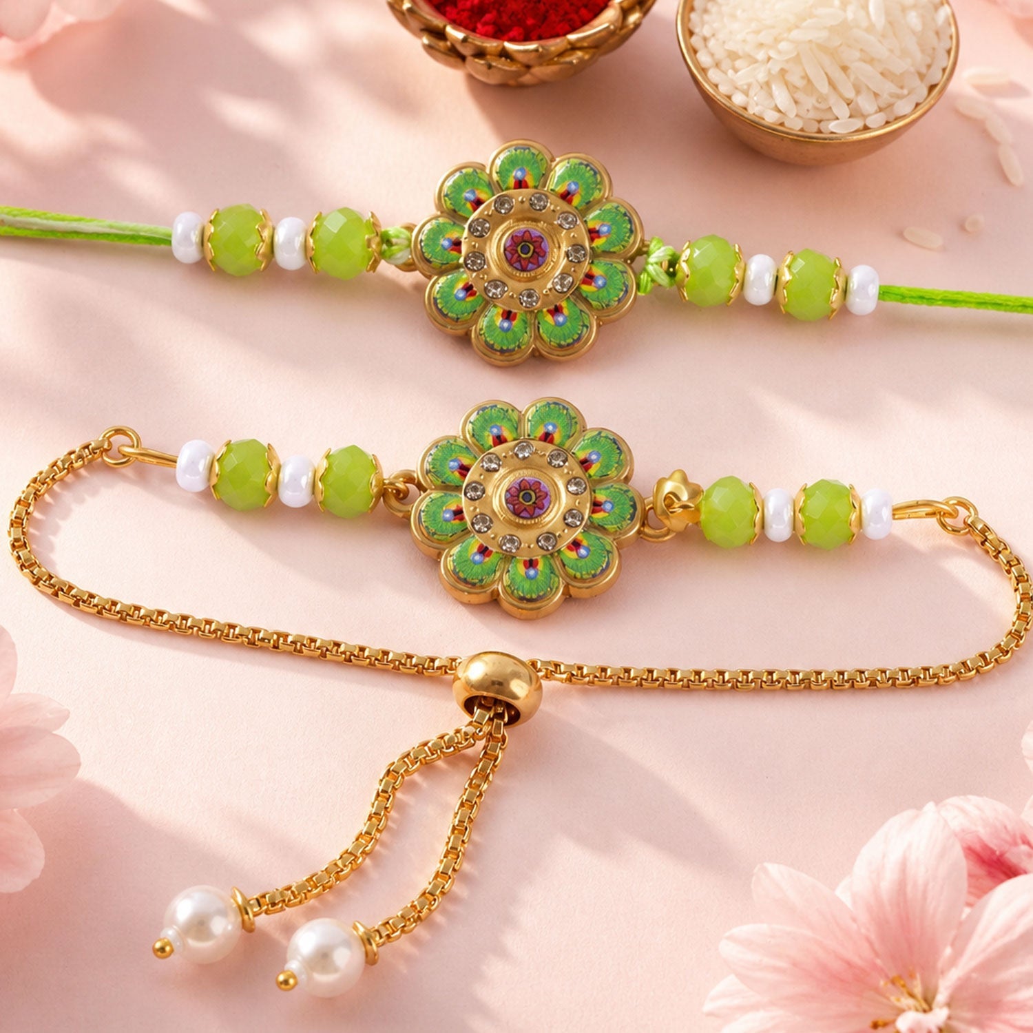 Premium Round Kundan Bhai Bhabhi Lumba Rakhi with Pearl Detail