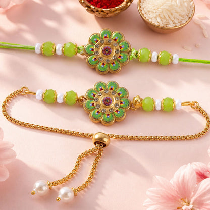 Premium Round Kundan Bhai Bhabhi Lumba Rakhi with Pearl Detail