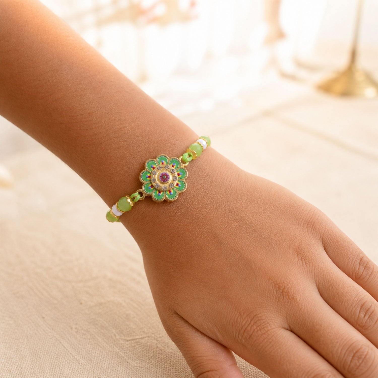 Premium Round Kundan Bhai Bhabhi Lumba Rakhi with Pearl Detail
