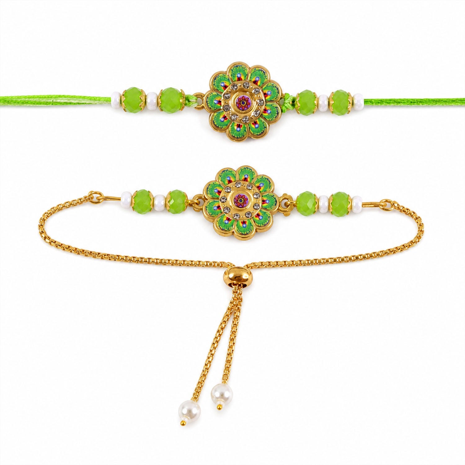 Premium Round Kundan Bhai Bhabhi Lumba Rakhi with Pearl Detail