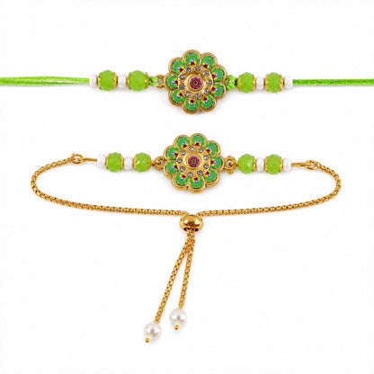 Premium Round Kundan Bhai Bhabhi Lumba Rakhi with Pearl Detail