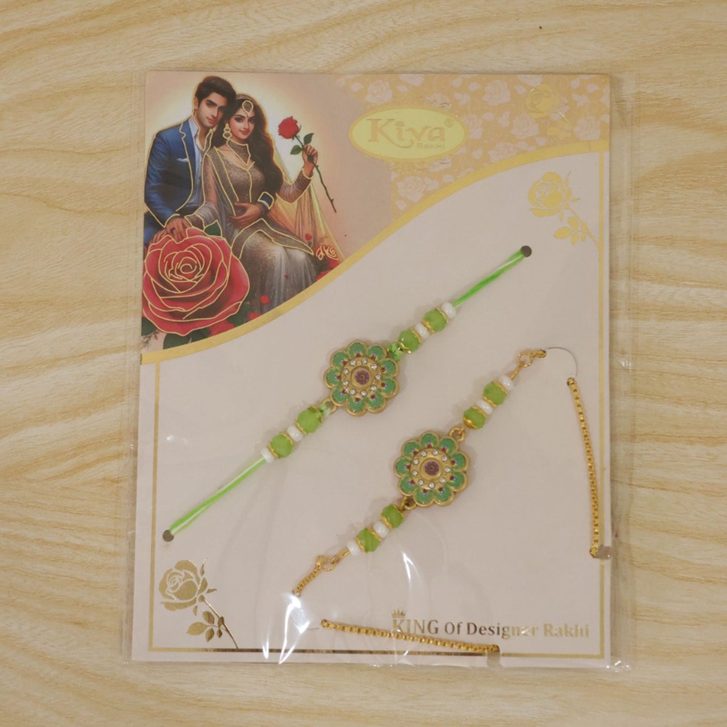 Premium Round Kundan Bhai Bhabhi Lumba Rakhi with Pearl Detail