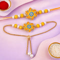 Premium Floral Stone Bhai Bhabhi Lumba Rakhi with Beaded Accent