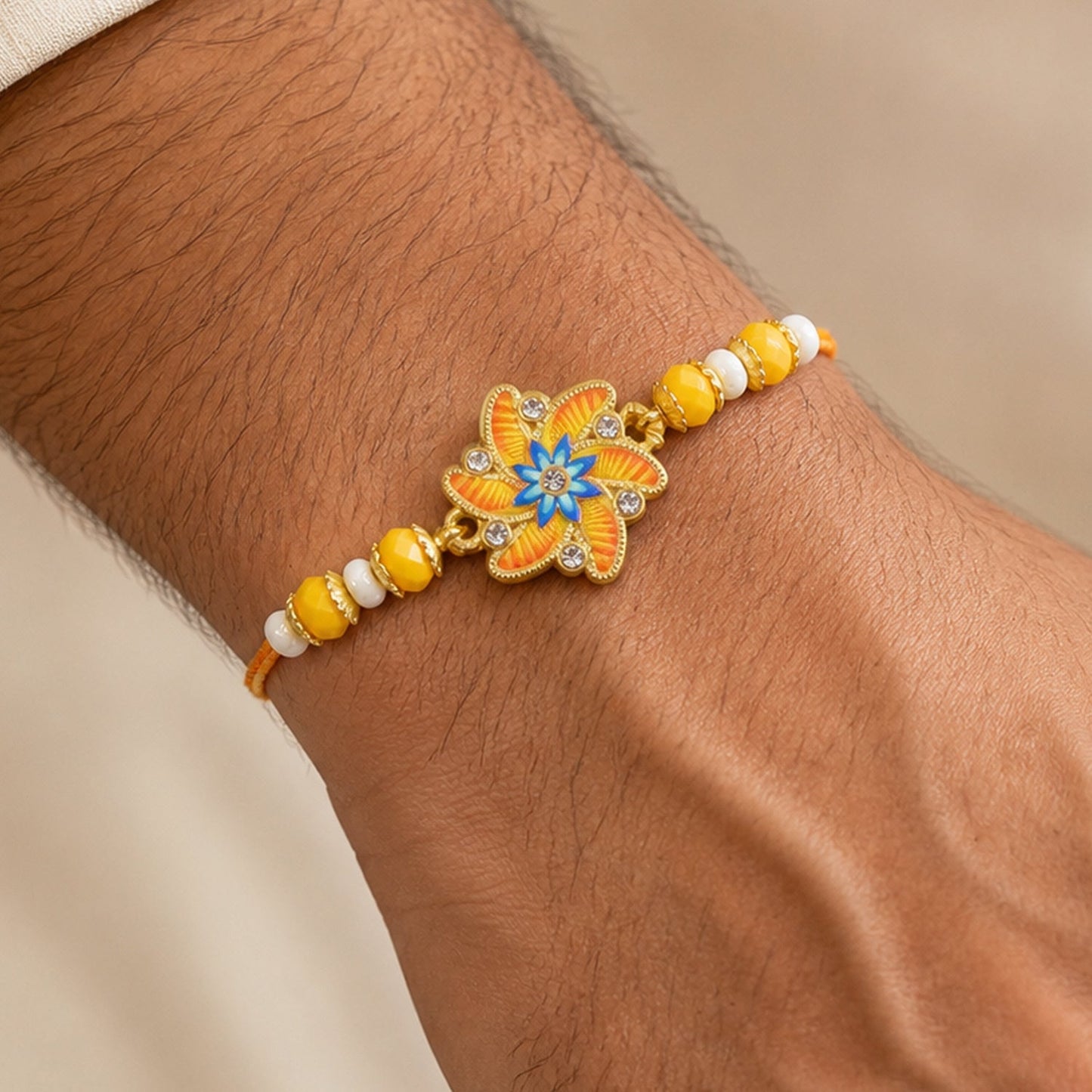 Premium Floral Stone Bhai Bhabhi Lumba Rakhi with Beaded Accent