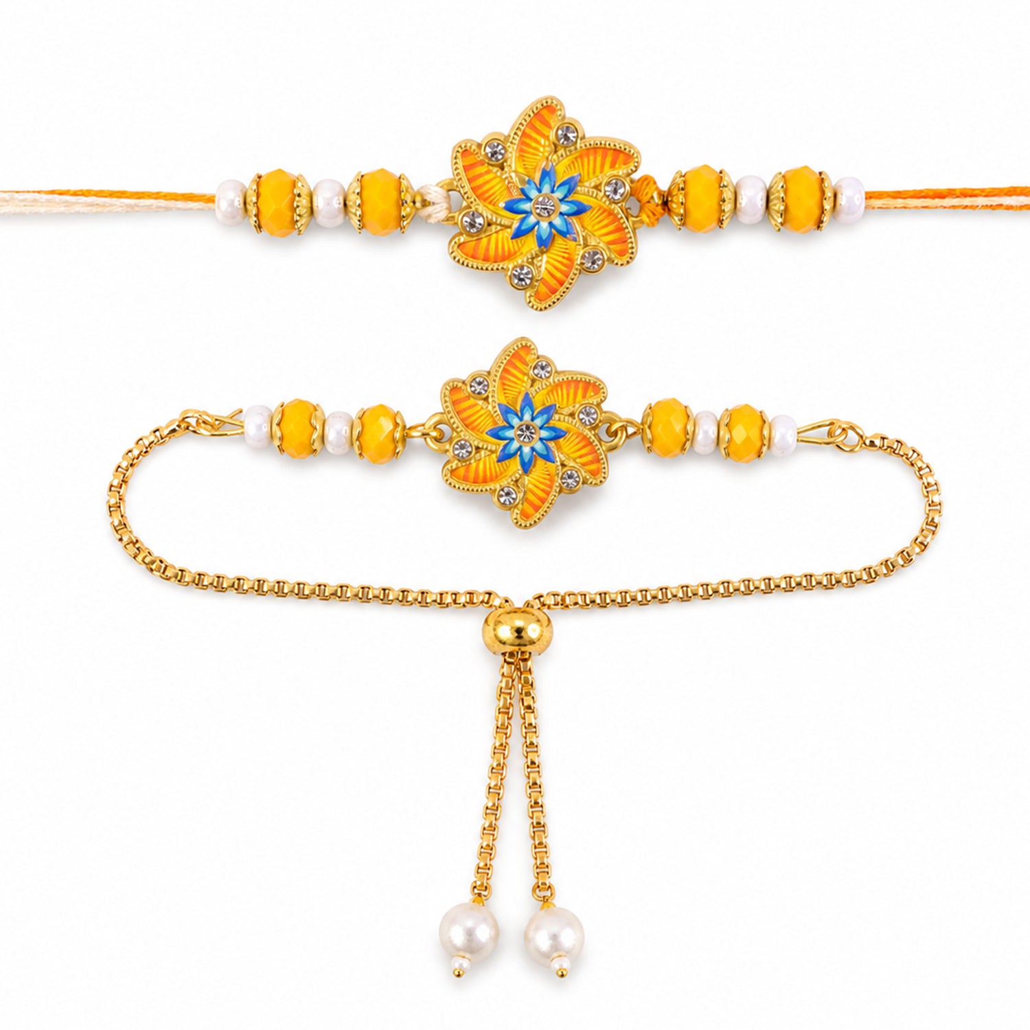 Premium Floral Stone Bhai Bhabhi Lumba Rakhi with Beaded Accent