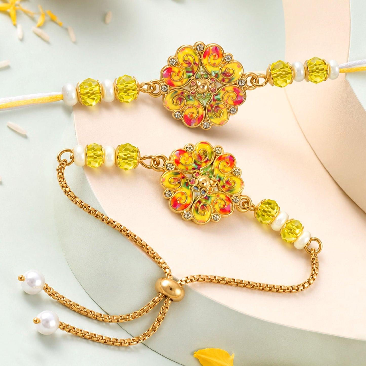 Premium Pearl Cluster Bhai Bhabhi Lumba Rakhi with Center Detail